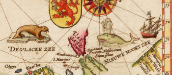 A color drawn map depicting a compass, ship, crest, and various locations