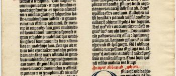 A single page from the 42-line Gutenberg Bible printed about 1455.